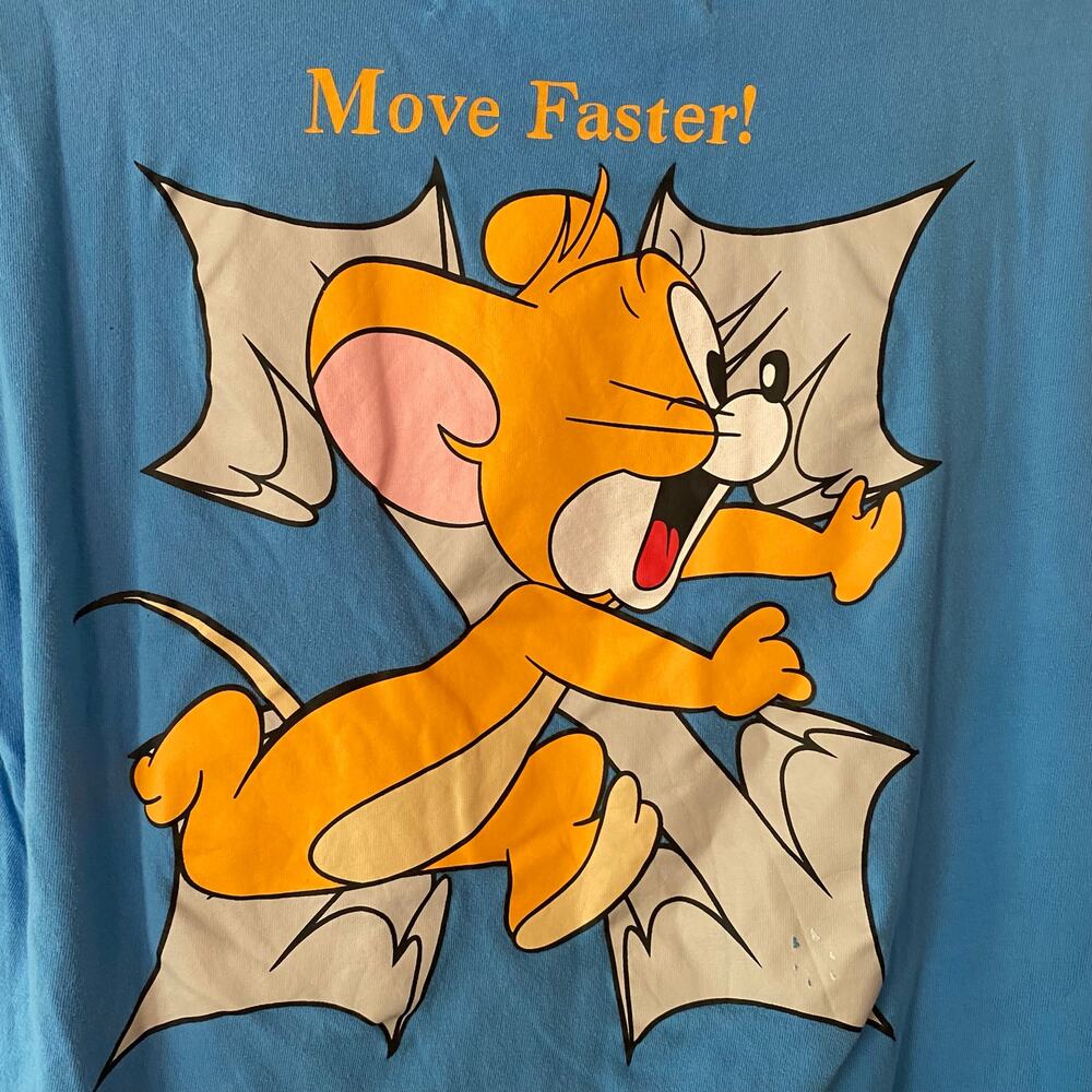 "Main Label" Off-White Blue Move Faster! Tom Jerry Short Sleeve Tee Men Large - Picture 7 of 12